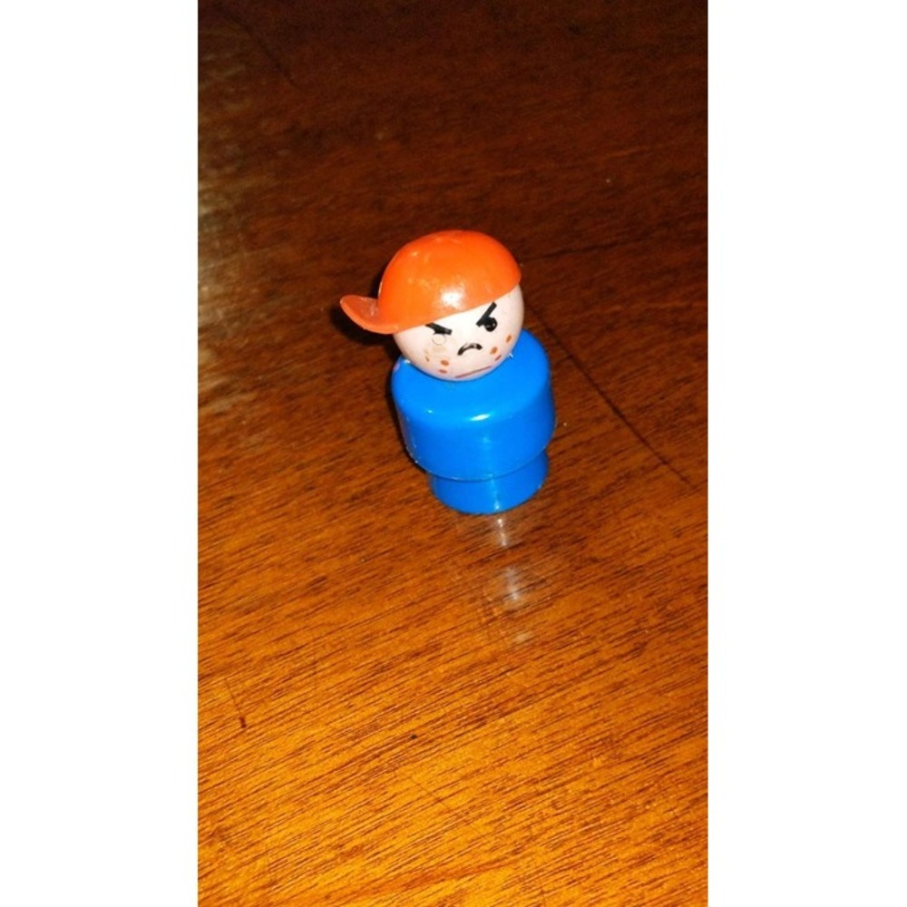 Vintage Fisher Price Little People Play Family Grumpy Boy Orange Hat Blue Figure